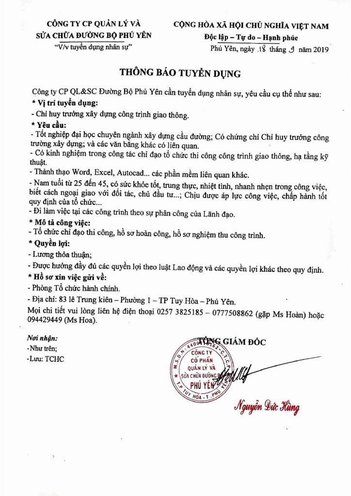 THÔNG BÁO TUYỂN DỤNG NHÂN SỰ