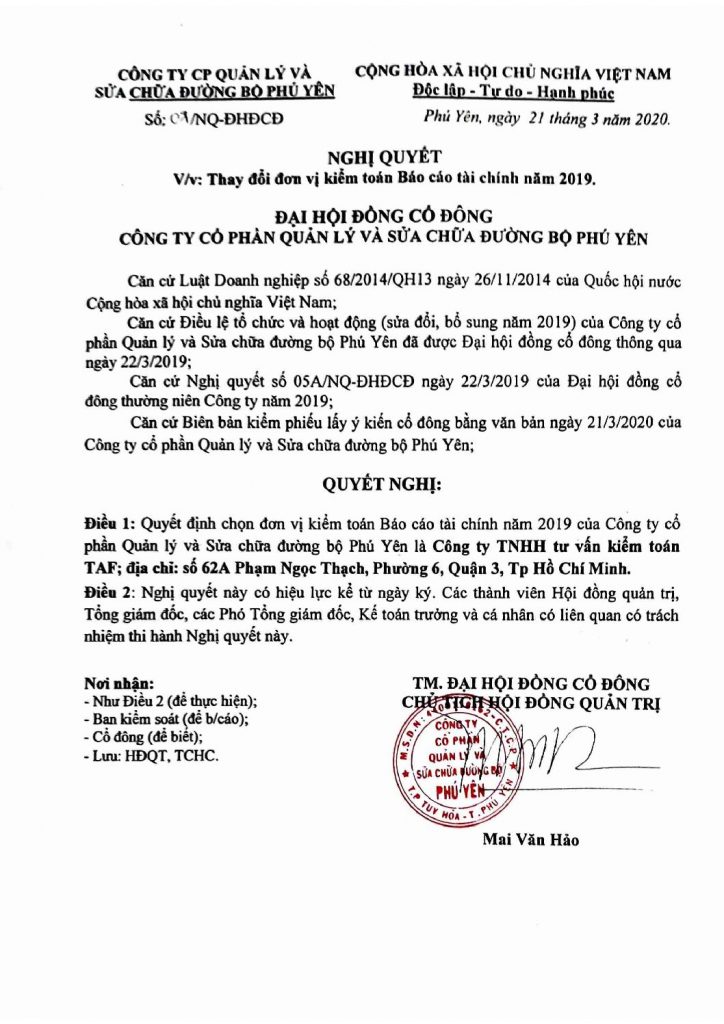 NGHỊ QUYẾT V/V THAY ĐỔI ĐƠN VỊ KIỂM TOÁN BCTC NĂM 2019