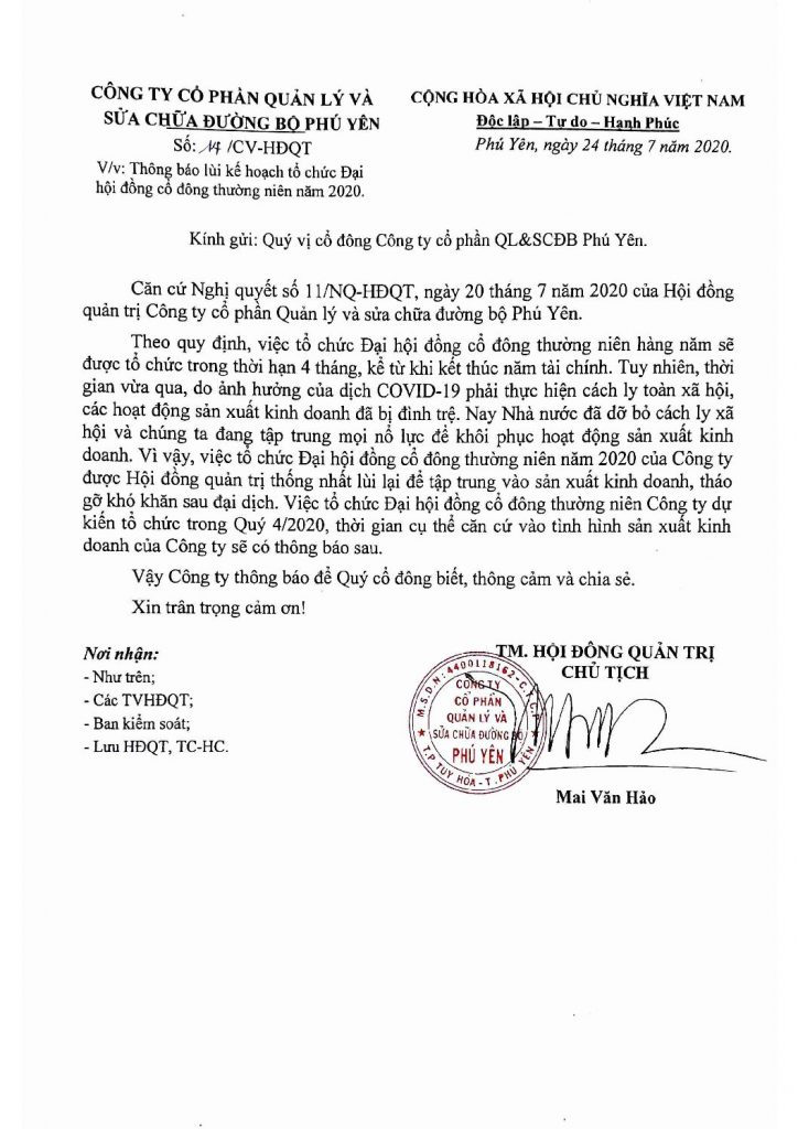 Thông báo lùi kế hoạch tổ chức Đại hội đồng cổ đông thường niên năm 2020